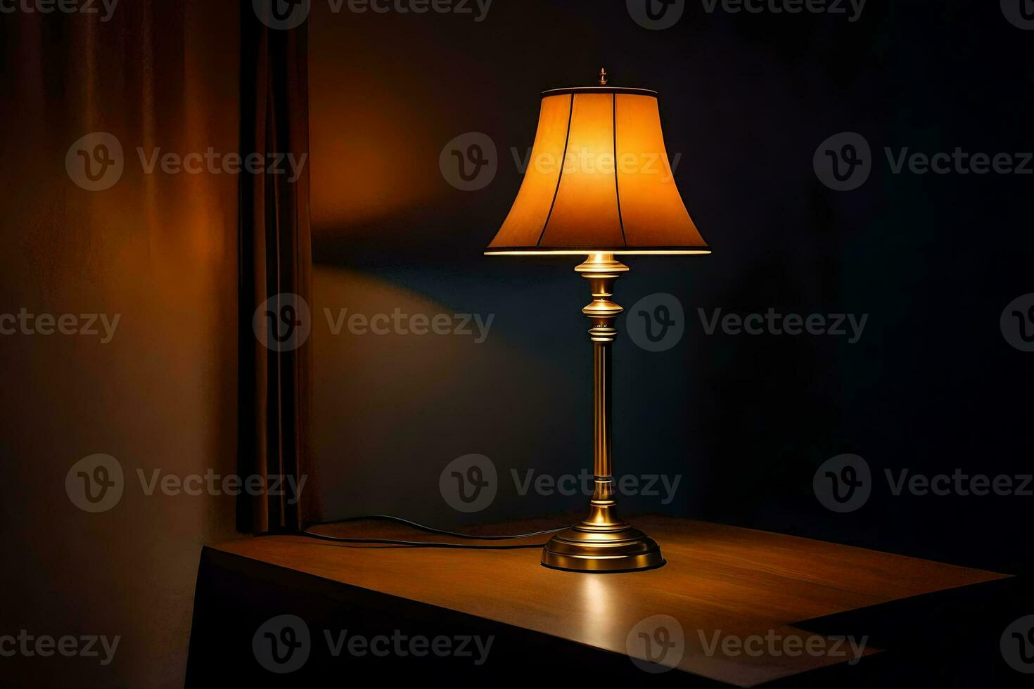 une lampe sur une table dans le sombre. généré par ai photo