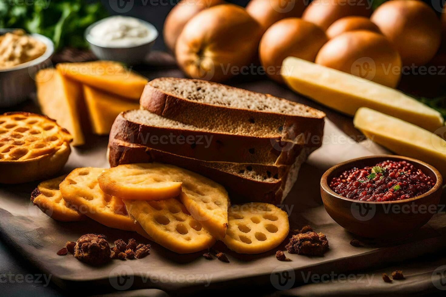 une variété de pains, fromage et autre nourriture sur une en bois Coupe planche. généré par ai photo