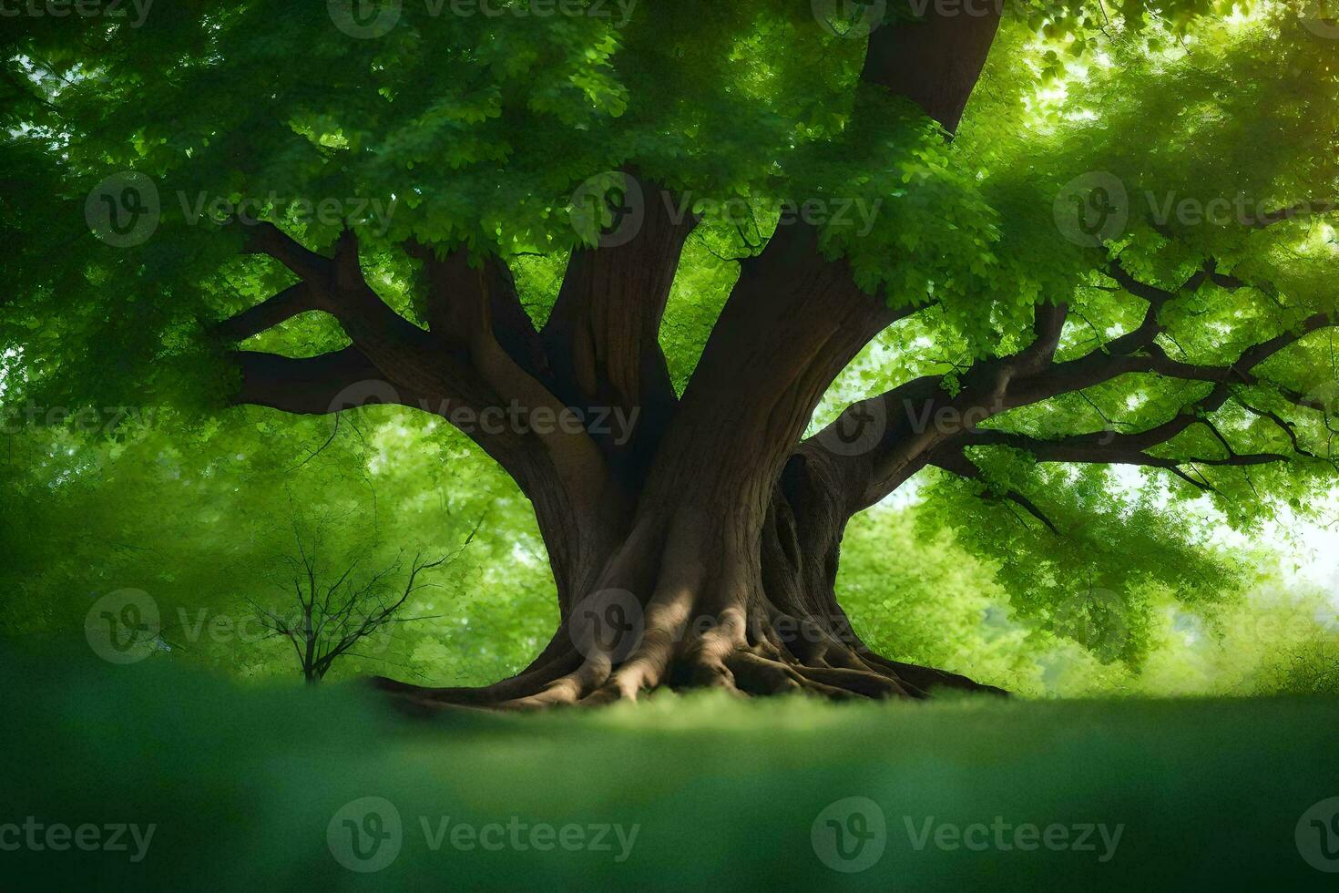 une grand arbre dans le milieu de une vert champ. généré par ai photo