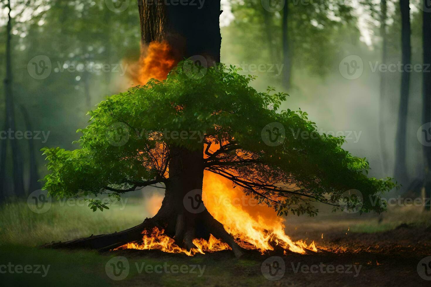 une arbre est brûlant dans le milieu de une forêt. généré par ai photo