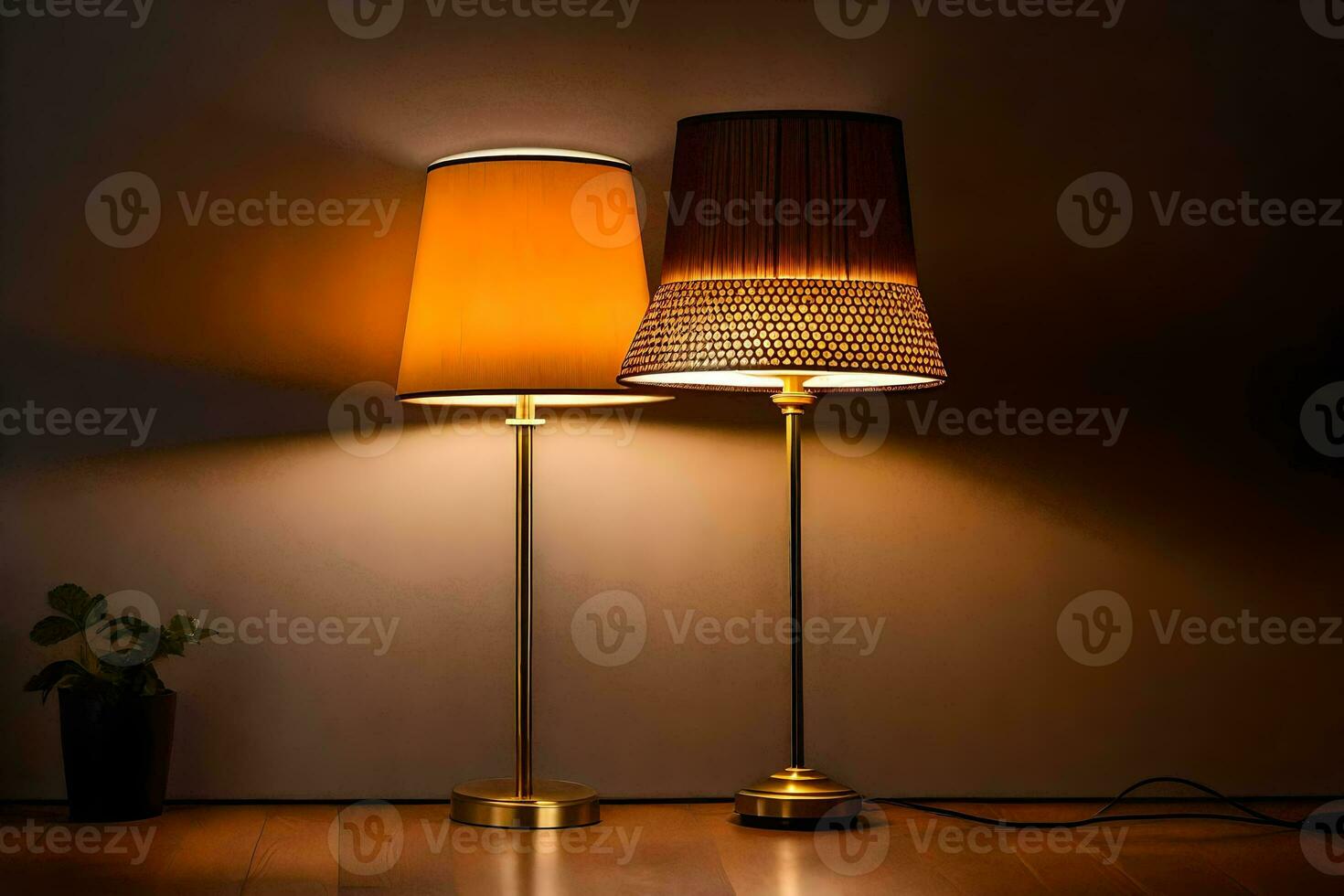 deux les lampes sur une en bois sol. généré par ai photo