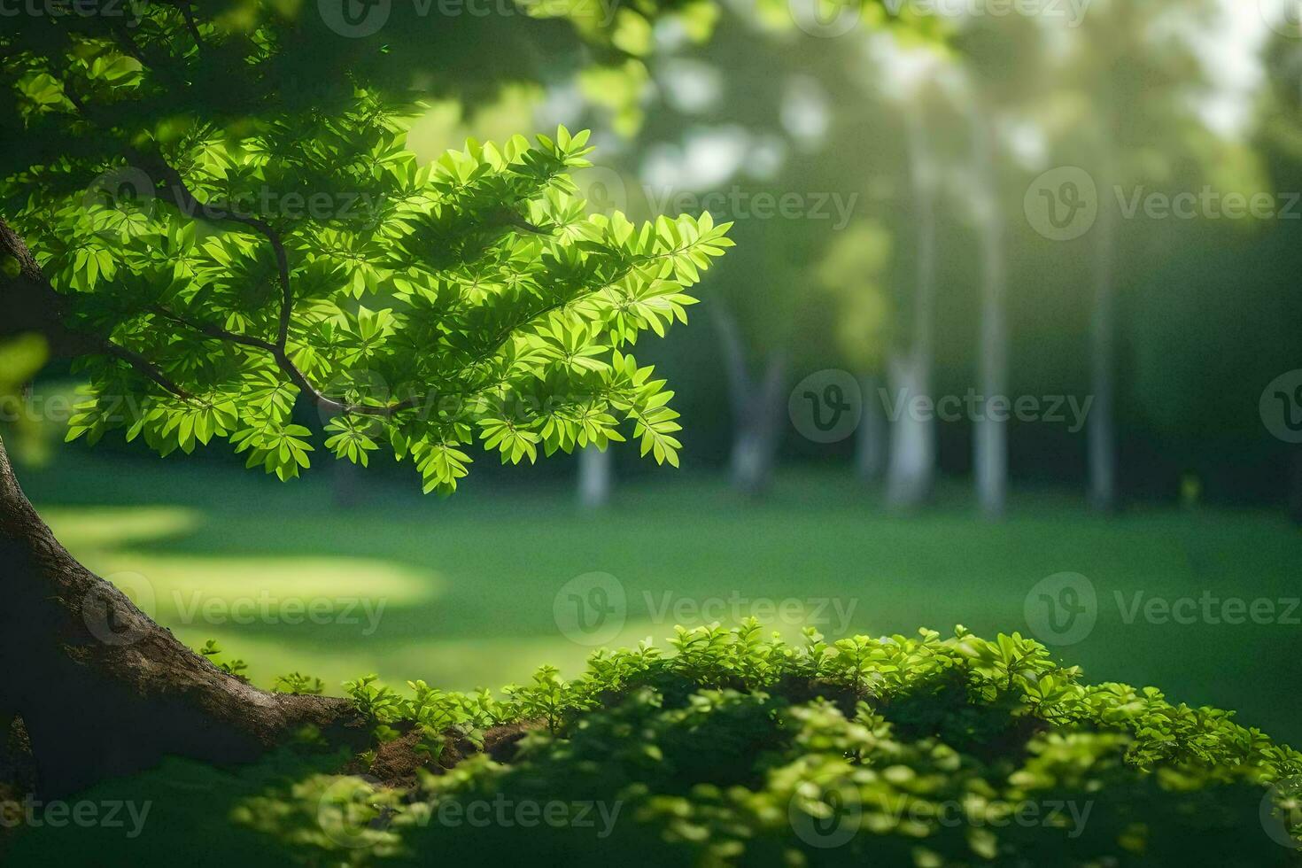 une arbre avec vert feuilles dans le lumière du soleil. généré par ai photo