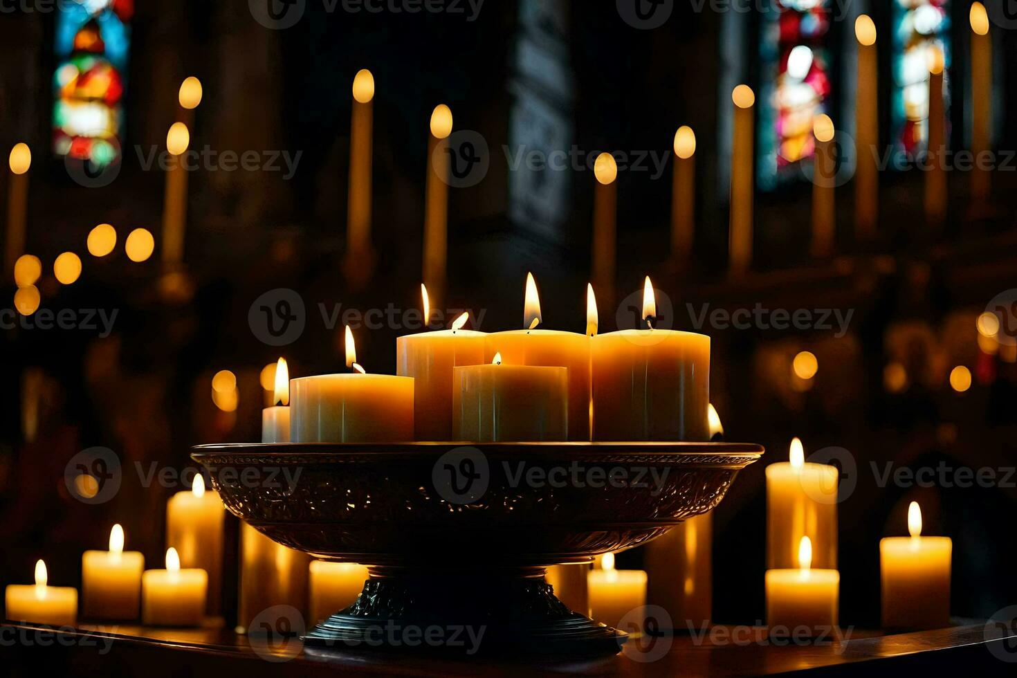 bougies dans une église avec bougies allumé dans le Contexte. généré par ai photo