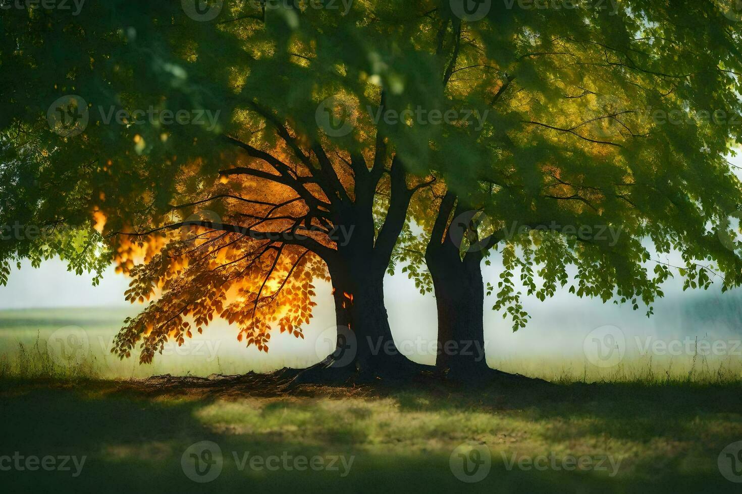 deux des arbres dans le herbe avec le Soleil brillant par eux. généré par ai photo