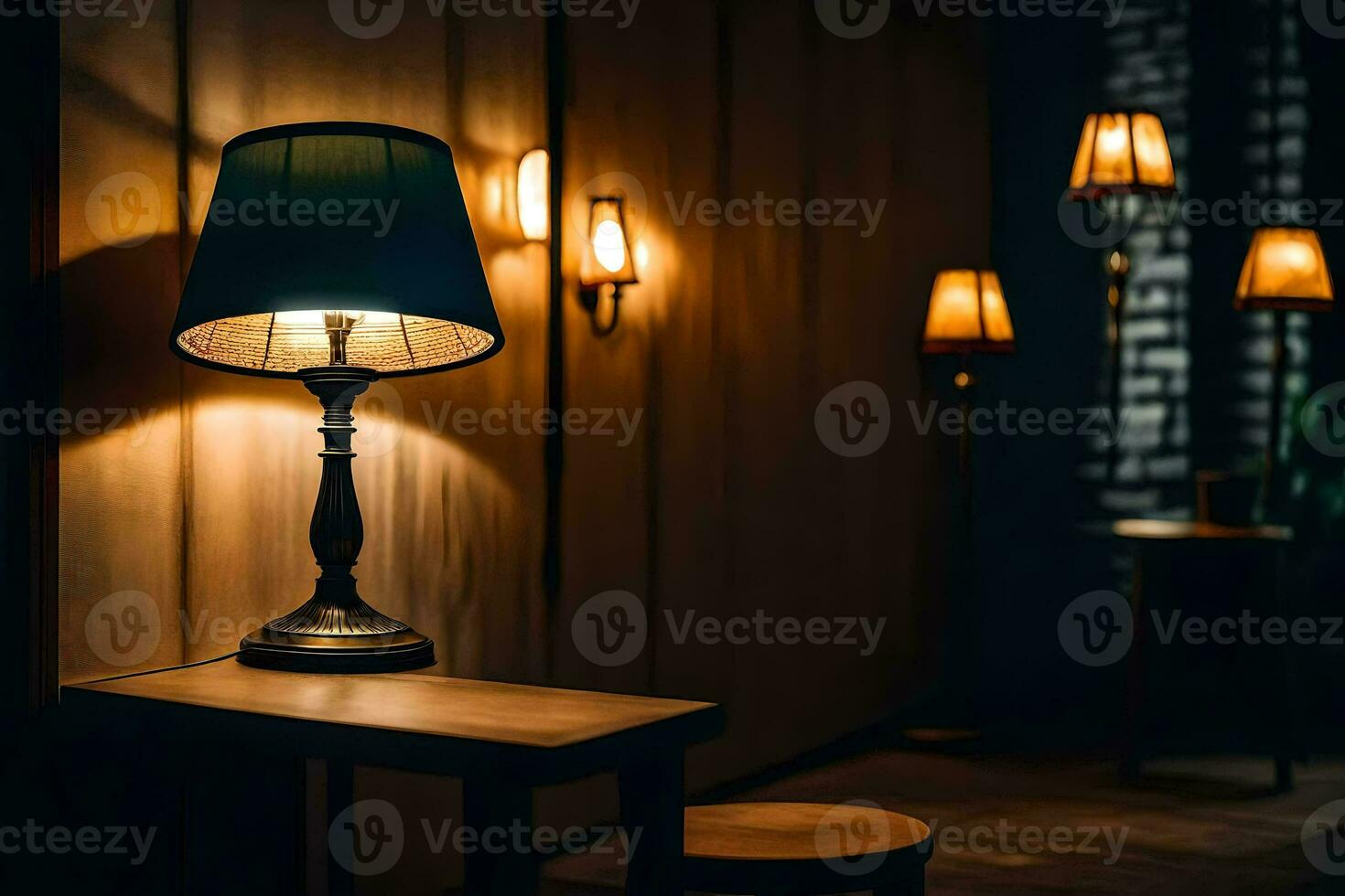 une lampe est sur une table dans une foncé chambre. généré par ai photo