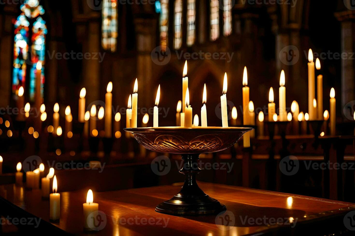 bougies sont allumé dans une église avec coloré verre les fenêtres. généré par ai photo