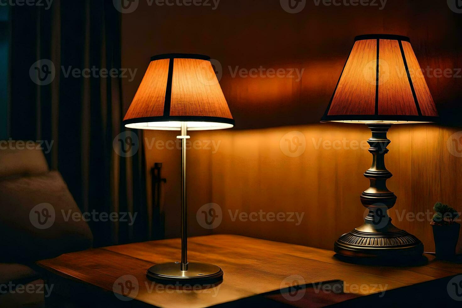 deux les lampes sur une table dans une foncé chambre. généré par ai photo