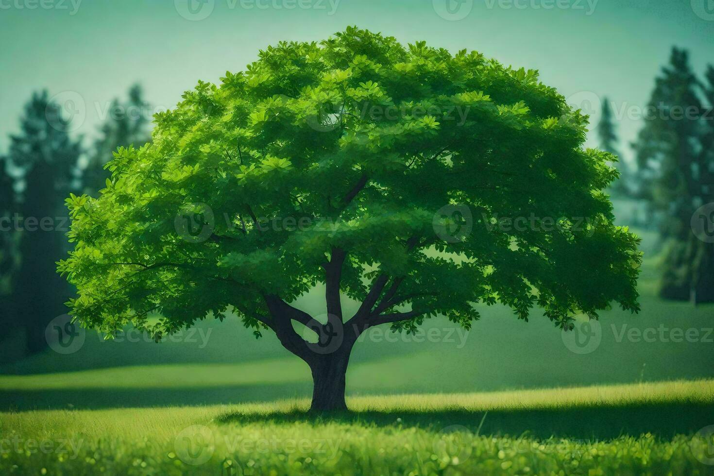 une arbre dans une champ avec vert herbe. généré par ai photo