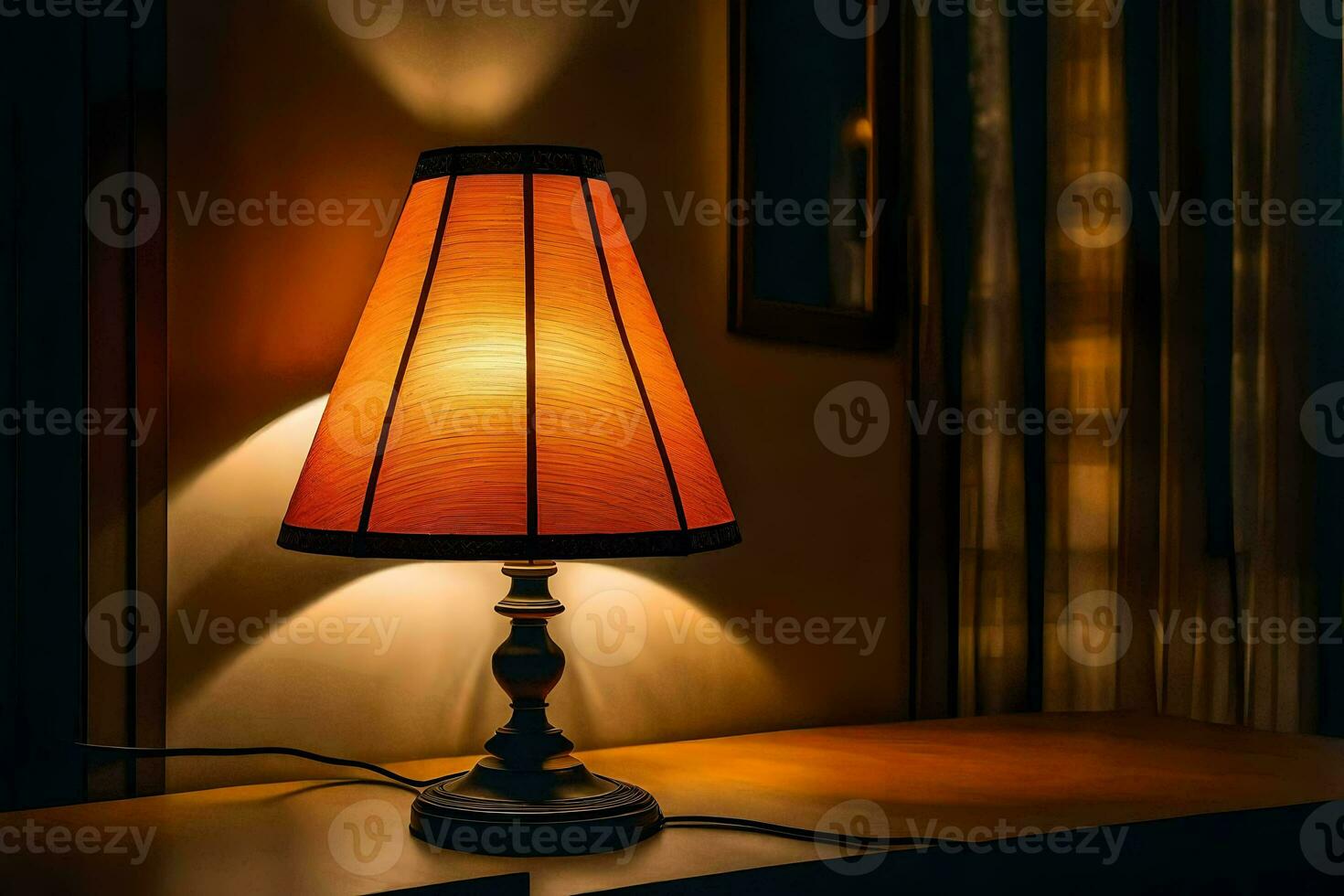 une lampe sur une table dans une foncé chambre. généré par ai photo