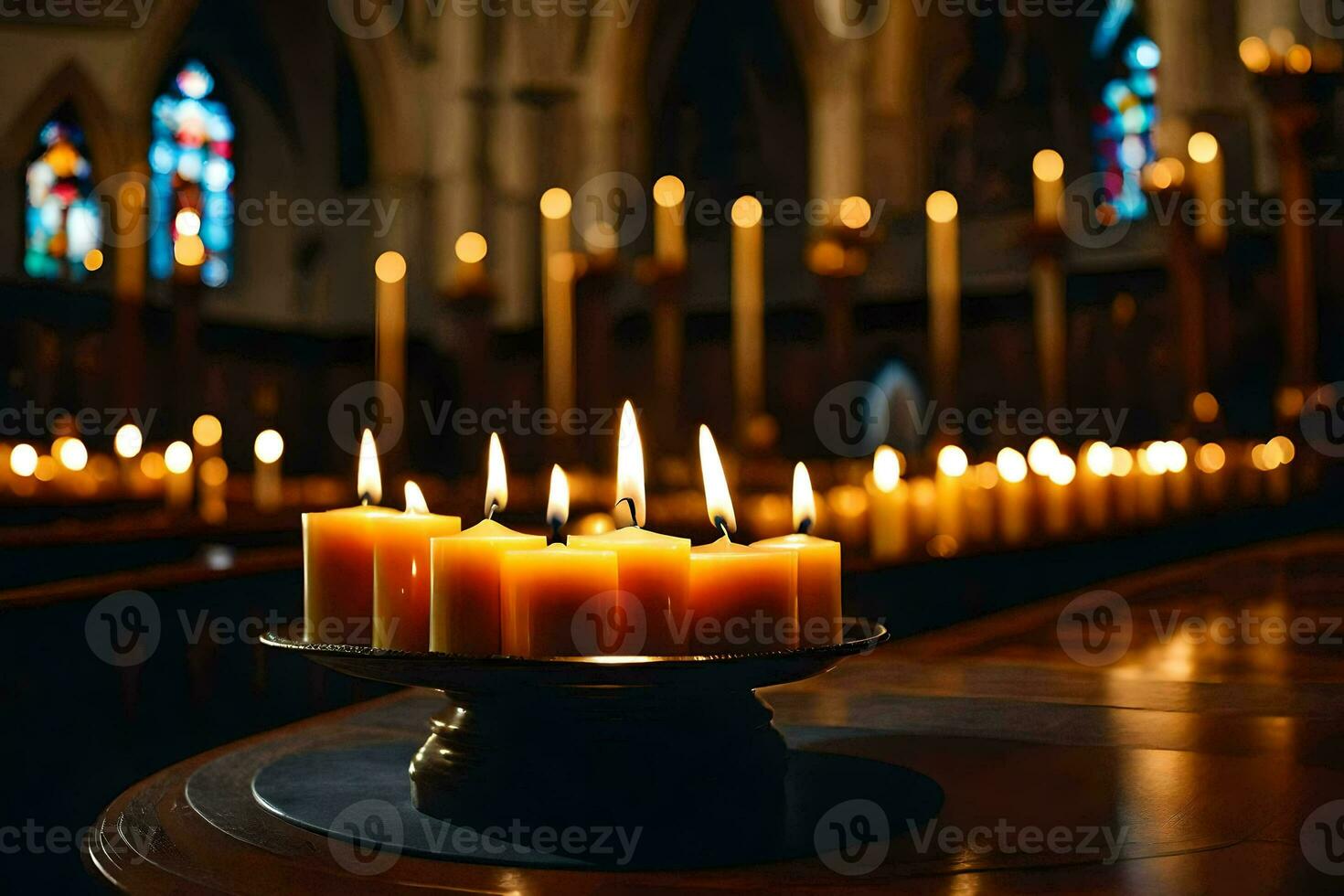 bougies sont allumé dans une église avec bougies dans le Contexte. généré par ai photo