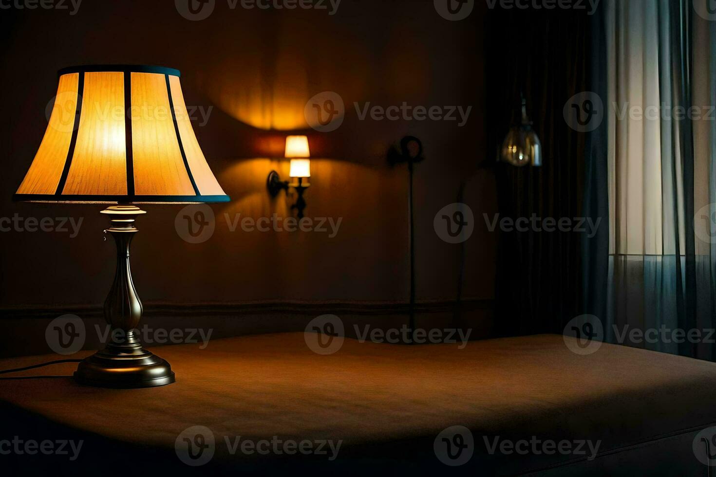 une lampe est séance sur une lit dans une foncé chambre. généré par ai photo