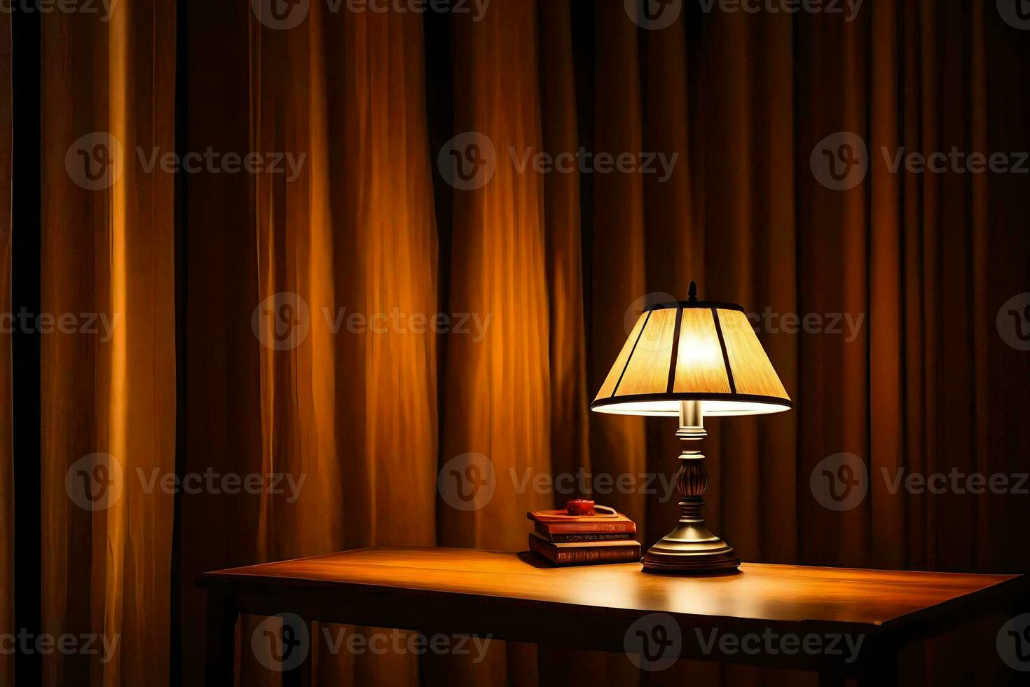 une lampe sur une table dans de face de rideaux. généré par ai photo