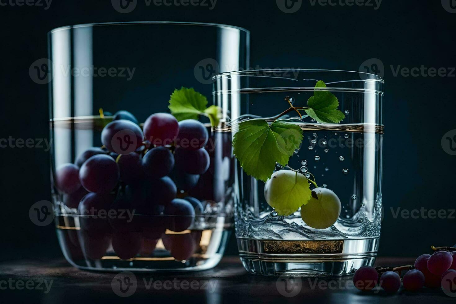 deux des lunettes rempli avec l'eau et les raisins. généré par ai photo