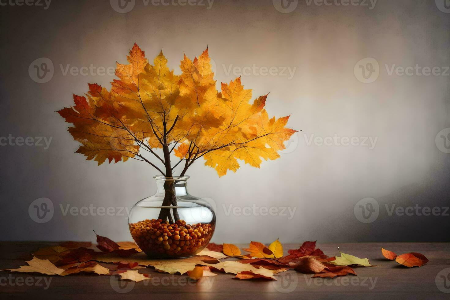 l'automne feuilles dans une vase sur une tableau. généré par ai photo