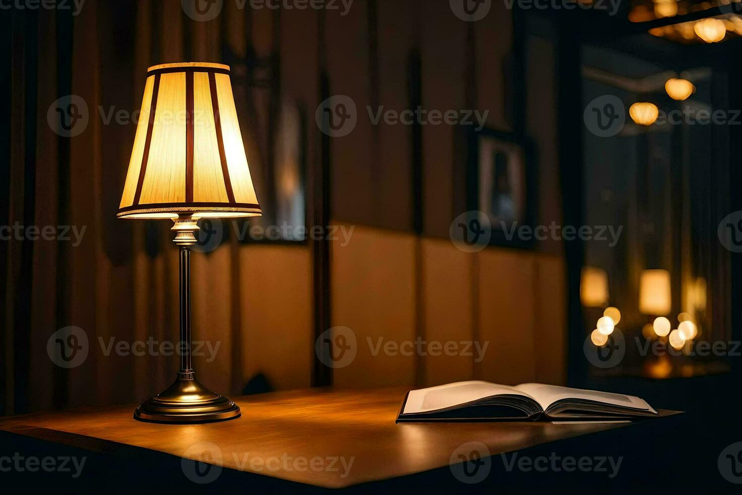 un ouvert livre et une lampe sur une tableau. généré par ai photo