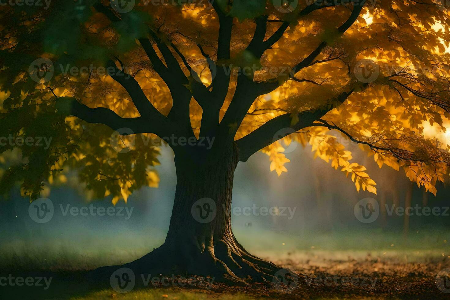 photo fond d'écran l'automne, arbre, lumière, brouillard, brumeux, arbre, arbre, automne,. généré par ai