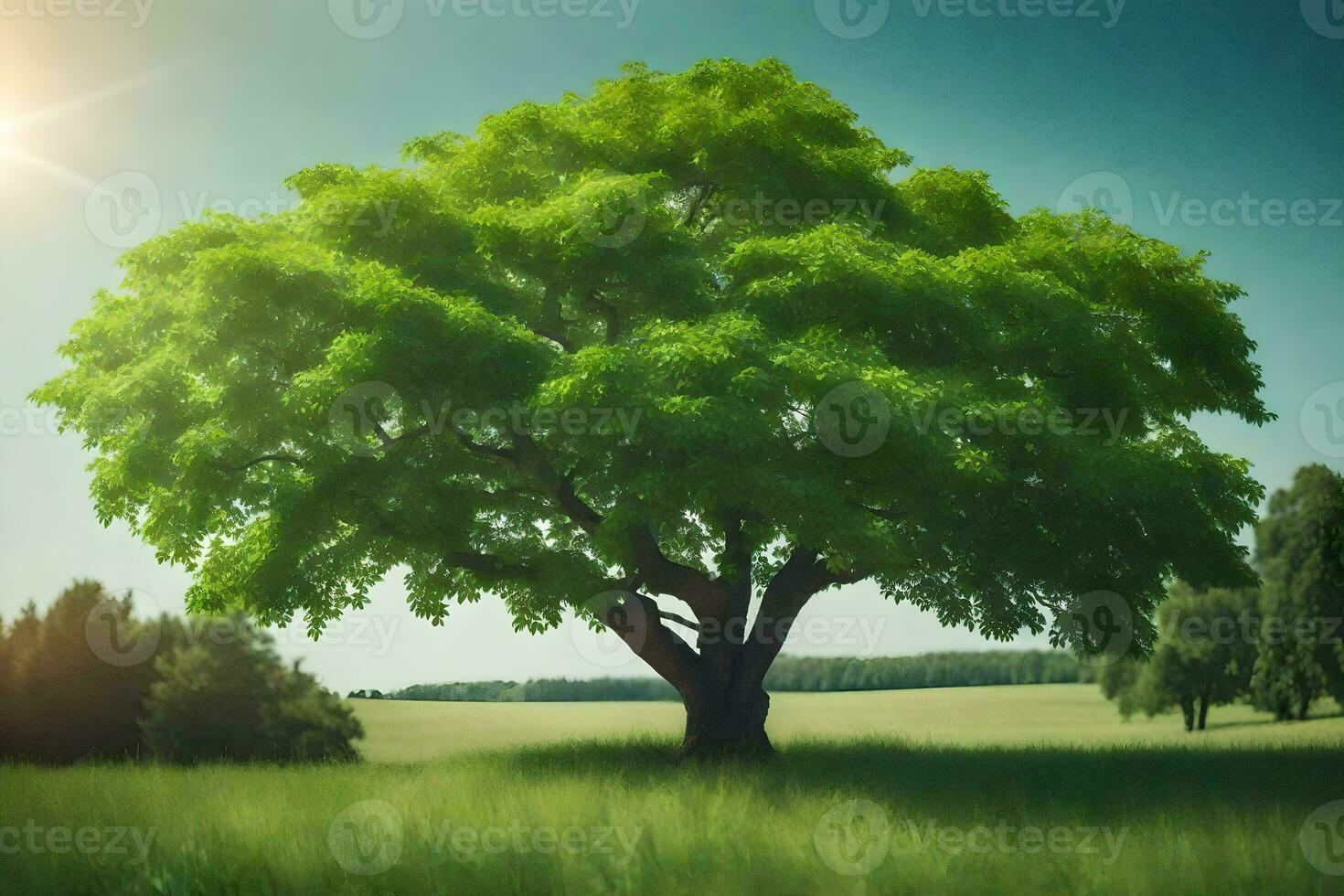 une arbre dans une champ avec le Soleil brillant derrière il. généré par ai photo