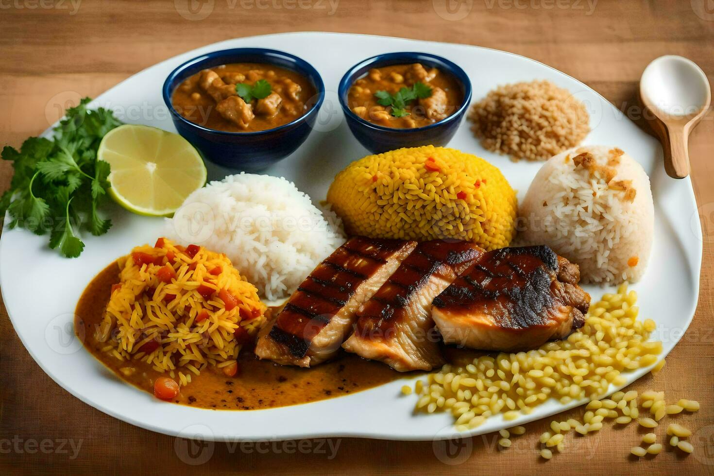 une assiette de nourriture avec riz, Viande et des légumes. généré par ai photo