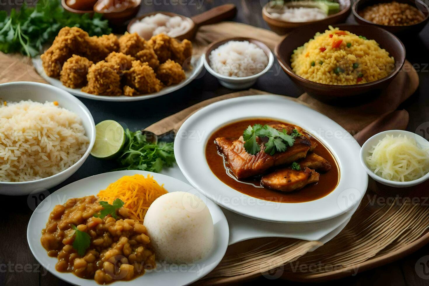 une table avec divers vaisselle de aliments. généré par ai photo