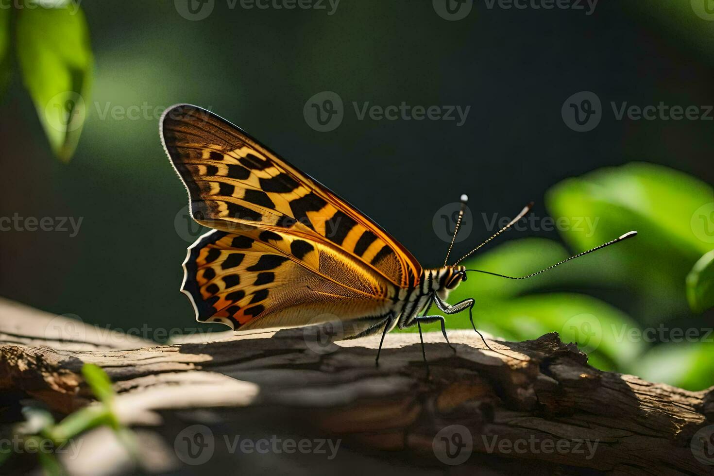 une papillon est séance sur une branche dans le Soleil. généré par ai photo