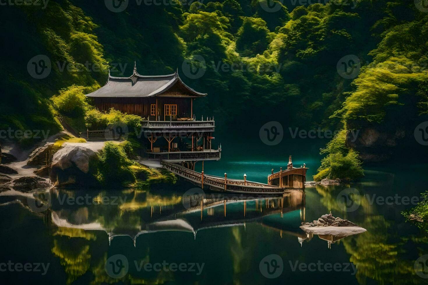 une chinois maison est assis sur une petit île dans le milieu de une lac. généré par ai photo