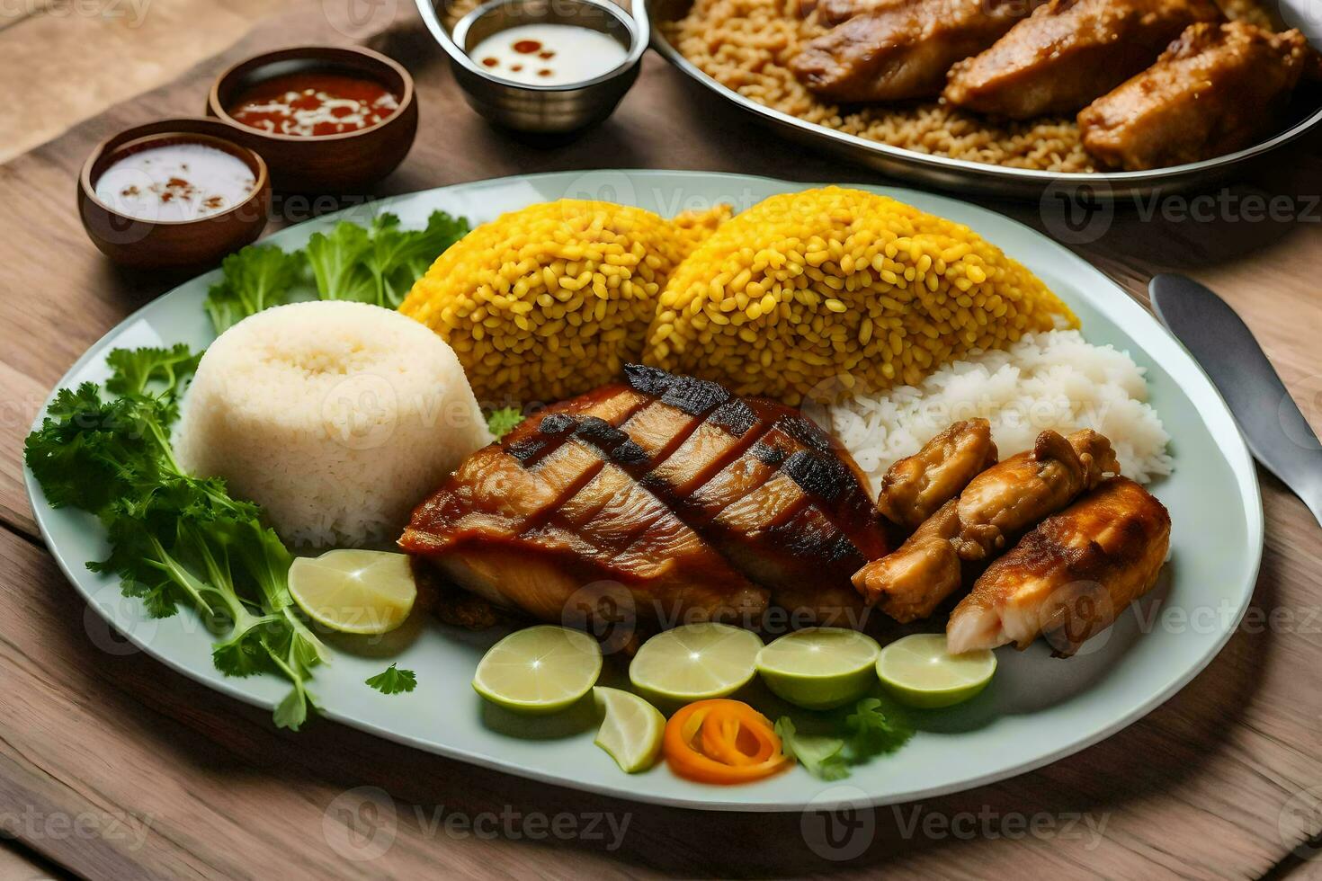 une assiette de nourriture avec riz, poulet et des légumes. généré par ai photo