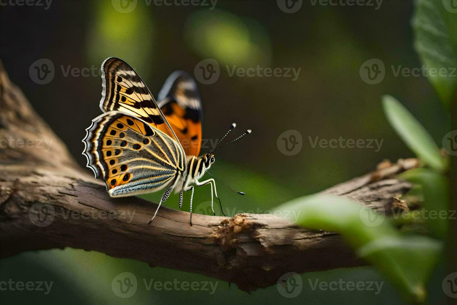 une papillon est séance sur une branche dans le forêt. généré par ai photo