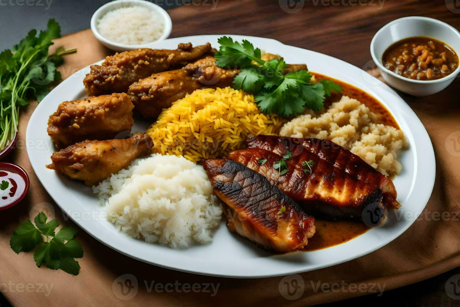 le nourriture est servi sur une assiette avec riz, poulet, riz et des légumes. généré par ai photo
