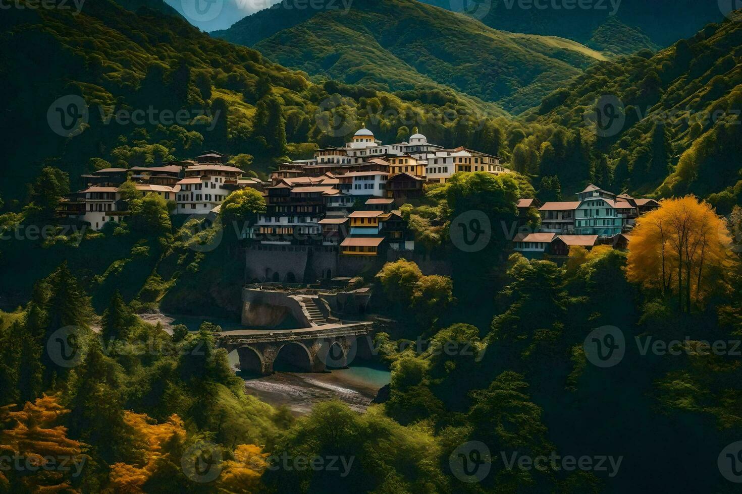 une village dans le montagnes avec une pont plus de une rivière. généré par ai photo