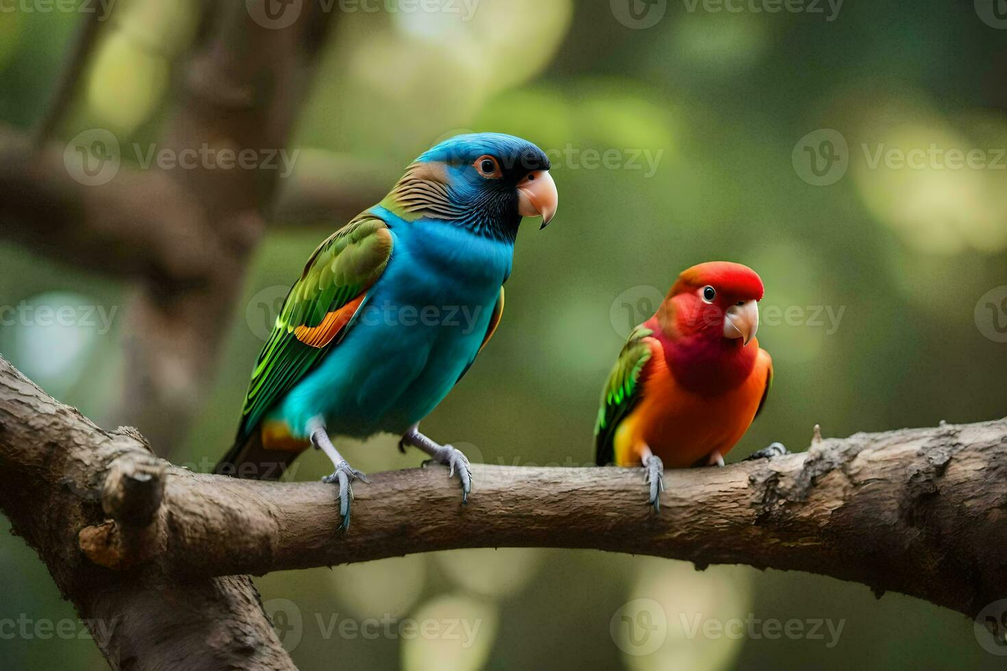 deux coloré des oiseaux séance sur une branche. généré par ai photo