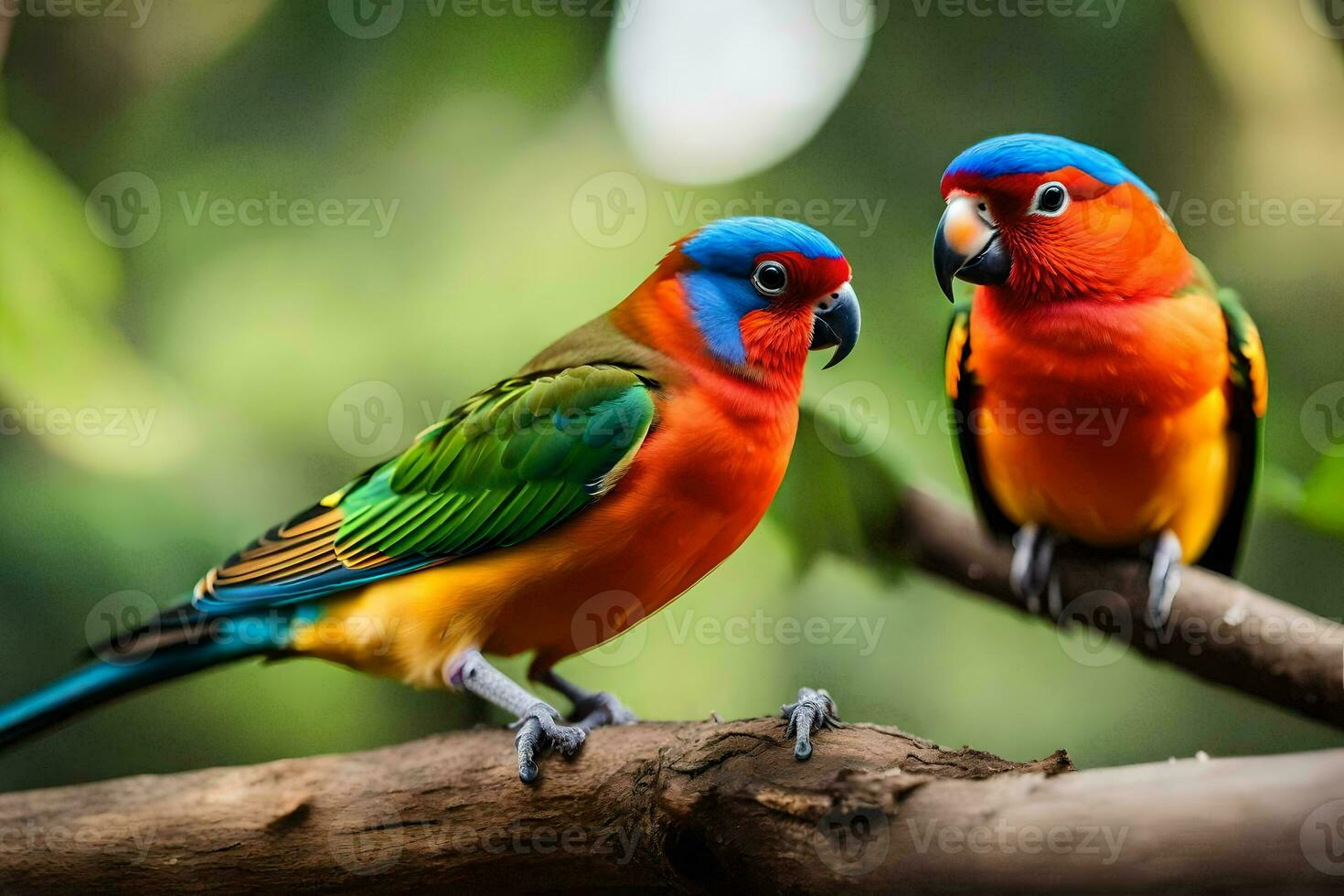 deux coloré des oiseaux séance sur une branche. généré par ai photo