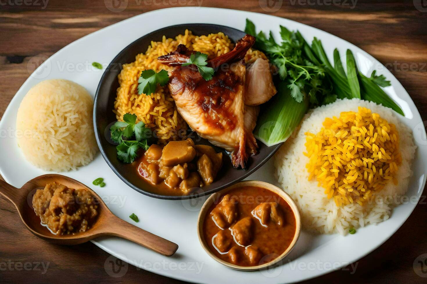 poulet et riz sur une plaque. généré par ai photo