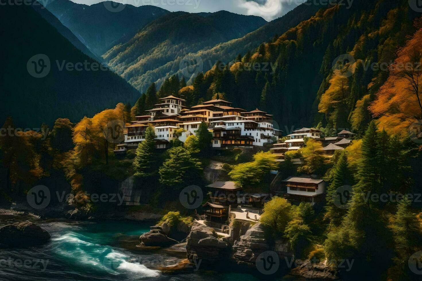 une magnifique Montagne village entouré par des arbres. généré par ai photo