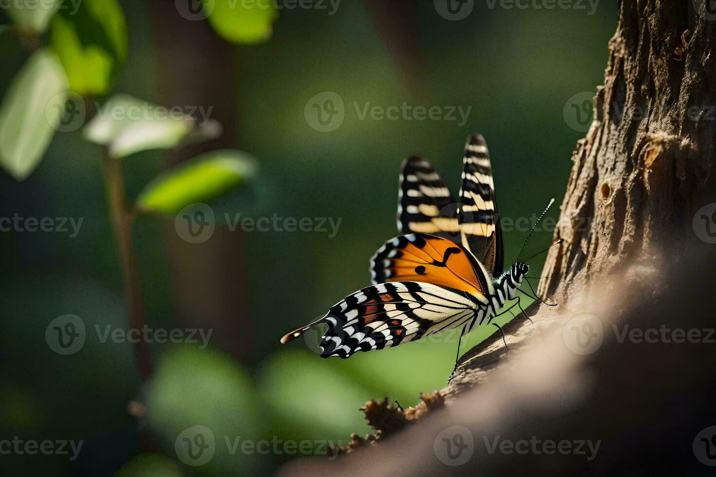 une papillon est séance sur une arbre tronc. généré par ai photo