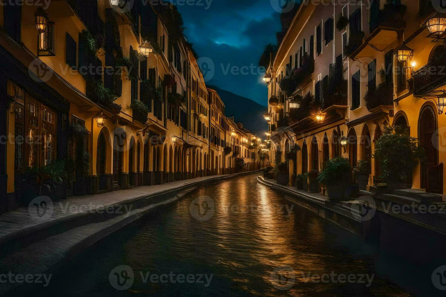 une étroit rue dans le milieu de une ville à nuit. généré par ai photo