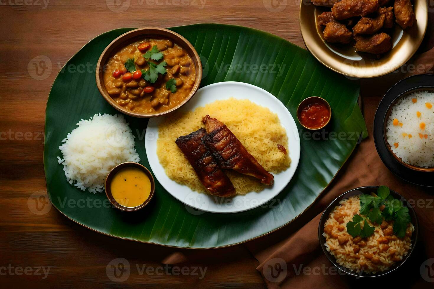 une table avec riz, Viande et autre plats. généré par ai photo