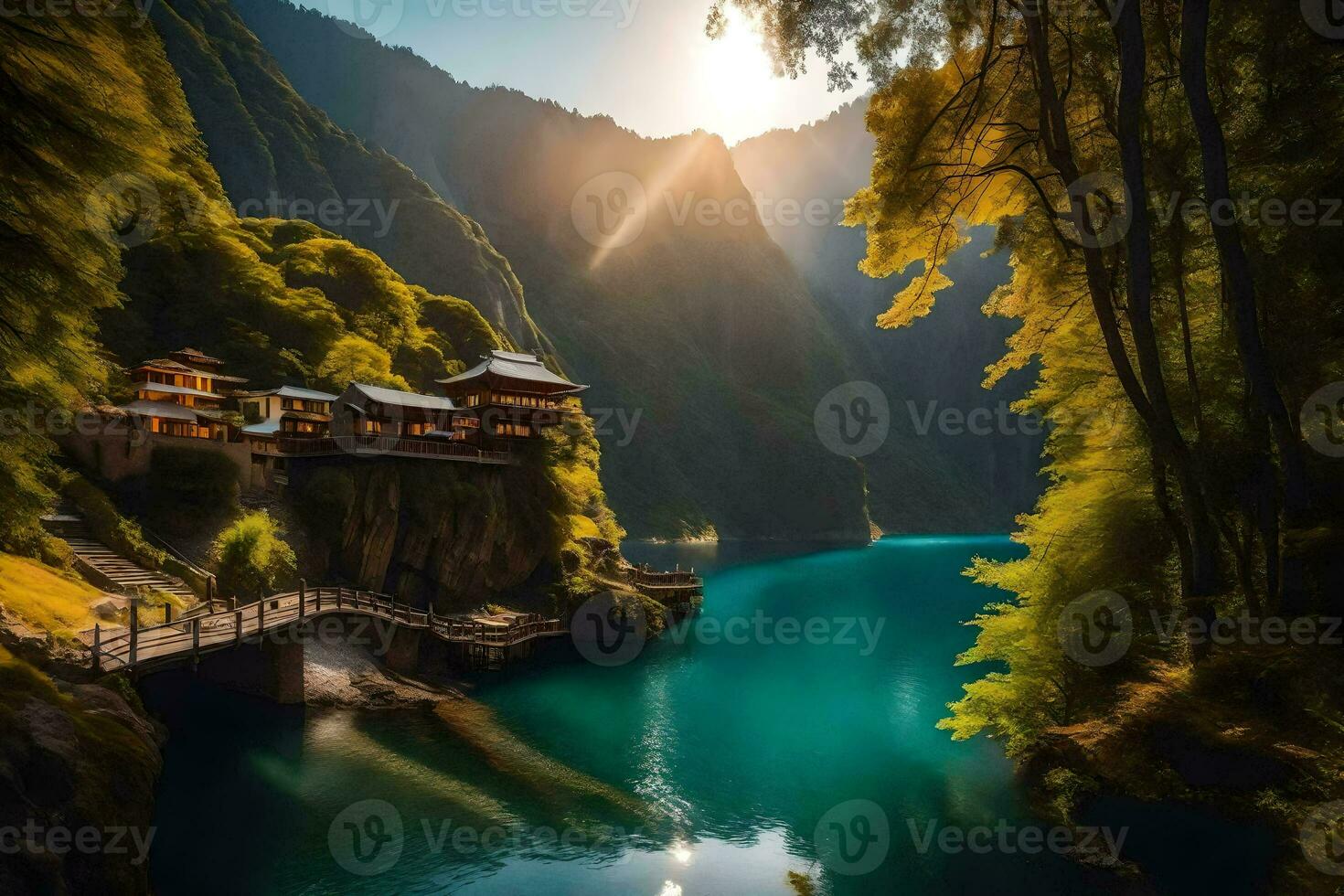 le Soleil brille plus de une Lac dans le montagnes. généré par ai photo