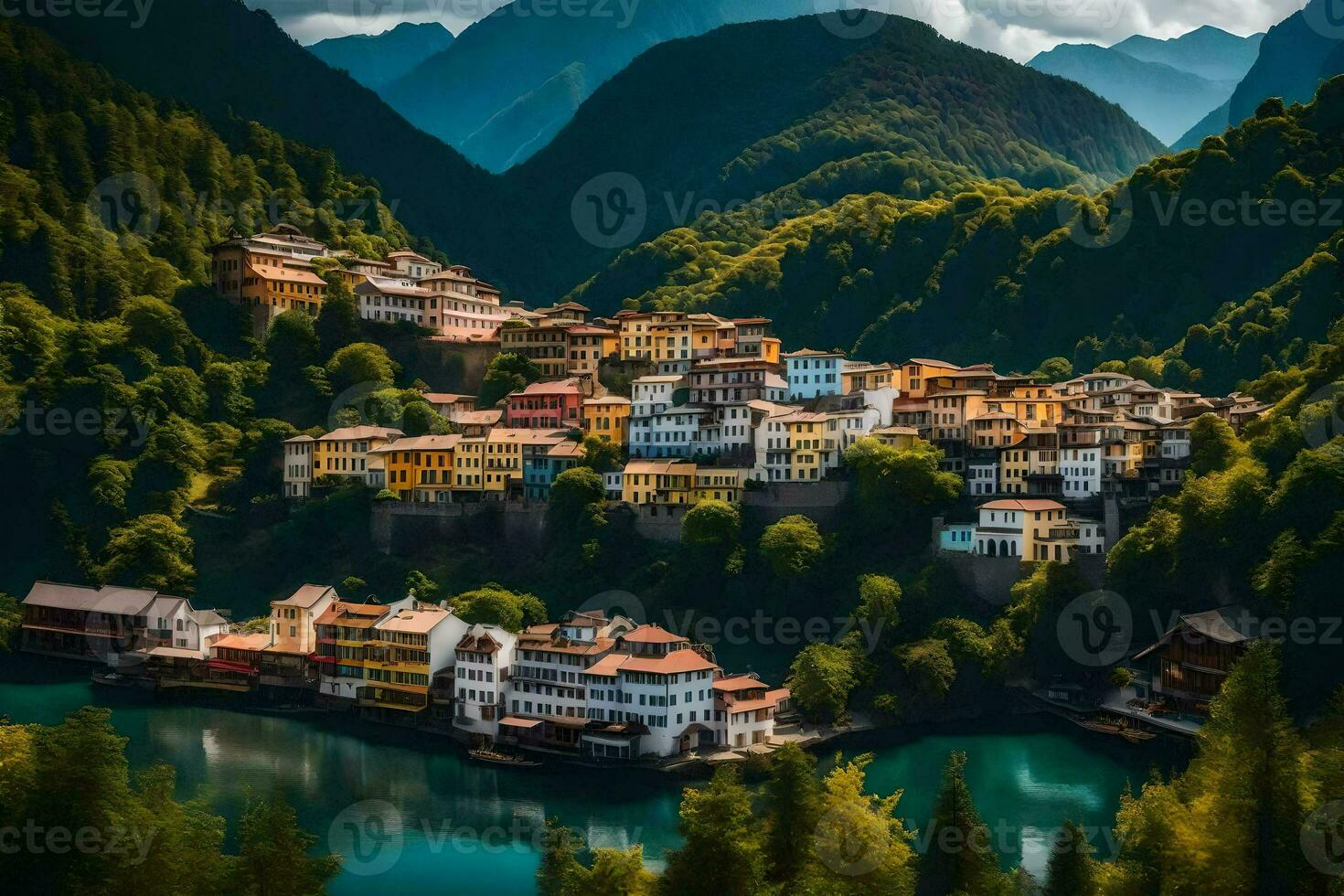 le village de krka est niché dans le montagnes. généré par ai photo