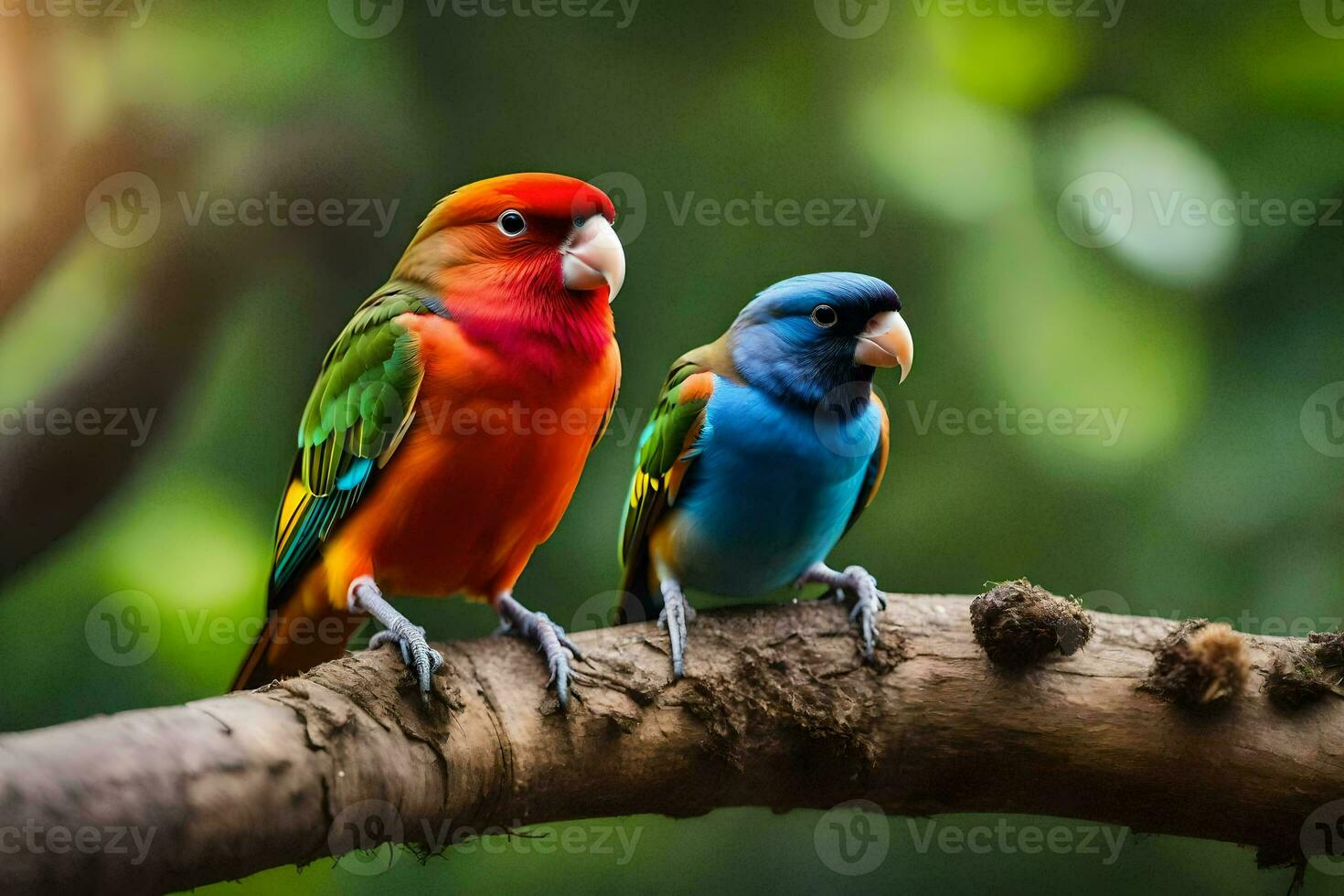 deux coloré des oiseaux séance sur une branche. généré par ai photo