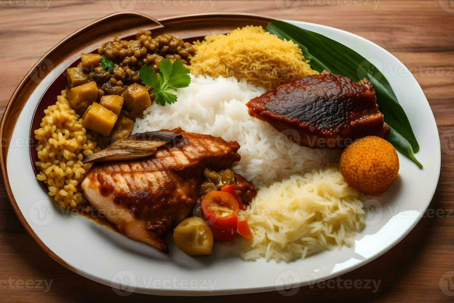 une assiette de nourriture avec riz, Viande et des légumes. généré par ai photo