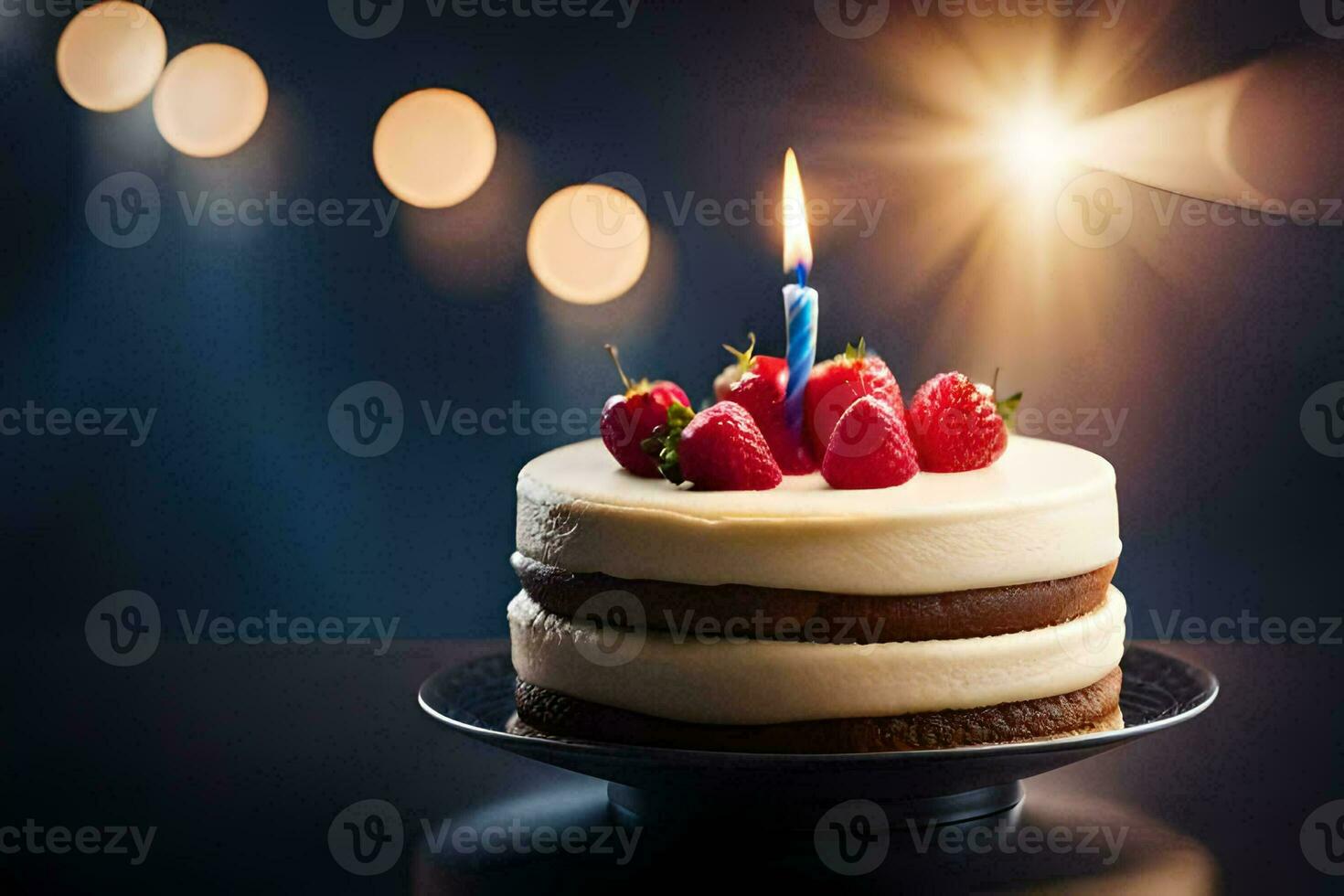 une anniversaire gâteau avec une Célibataire bougie sur Haut. généré par ai photo