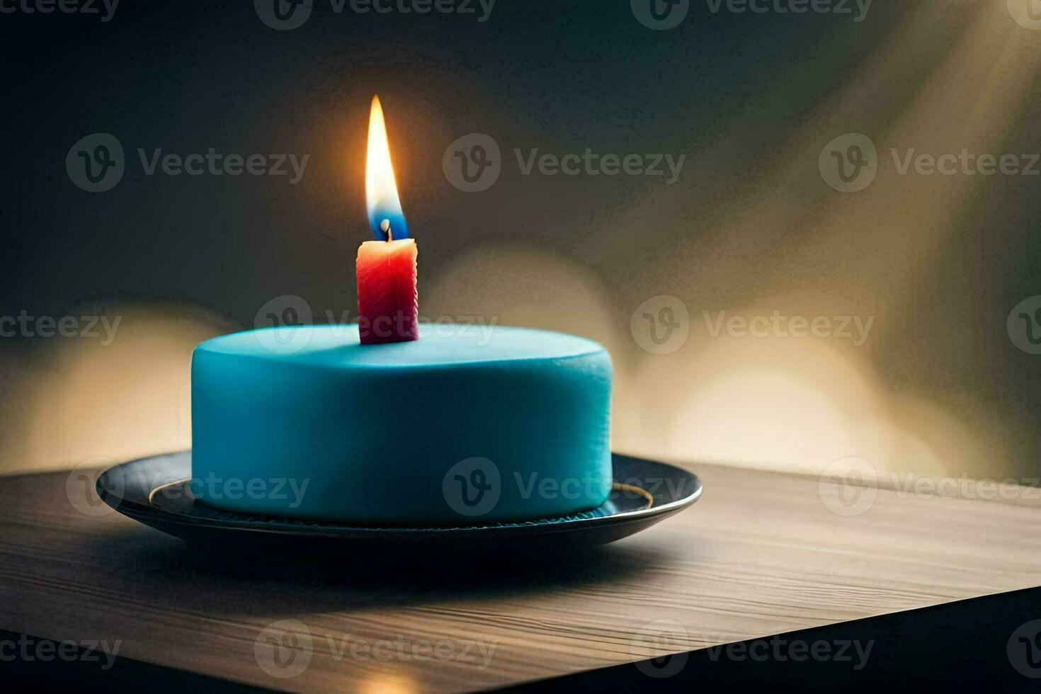 bleu anniversaire gâteau avec une Célibataire bougie. généré par ai photo