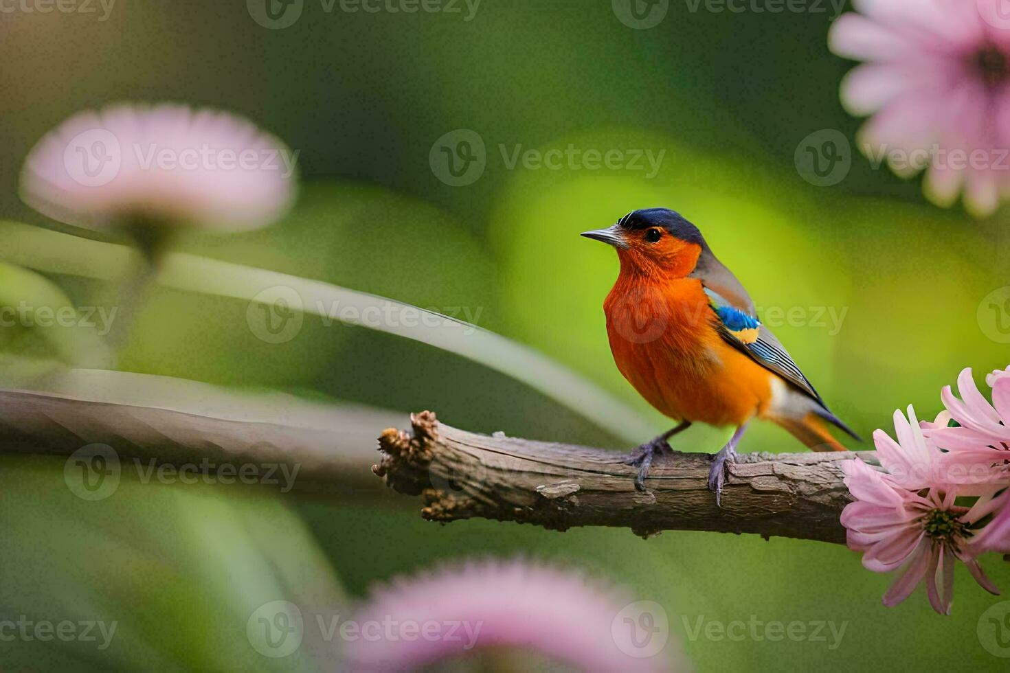 une coloré oiseau est assis sur une branche avec rose fleurs. généré par ai photo