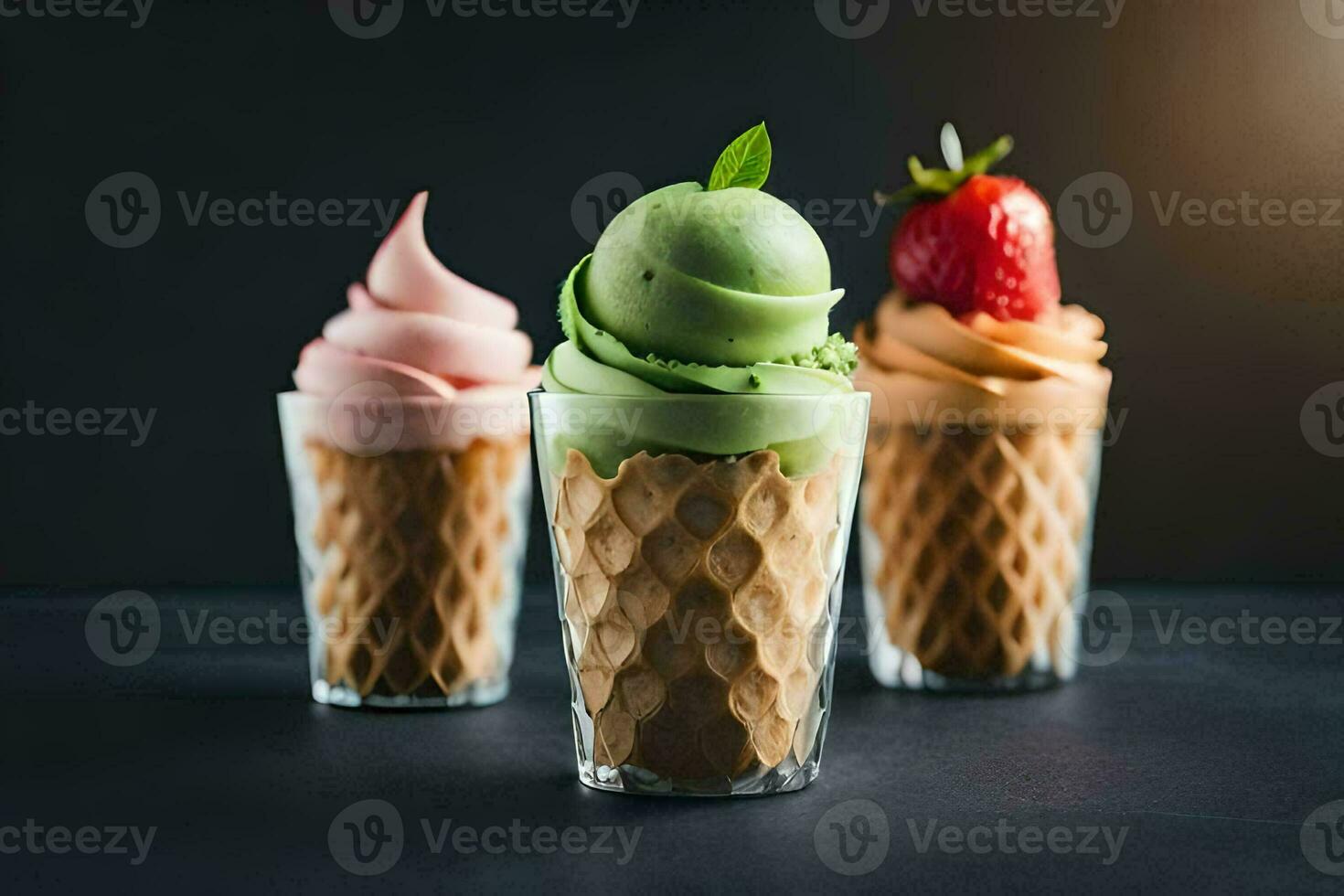 Trois la glace crème cônes avec différent les saveurs. généré par ai photo