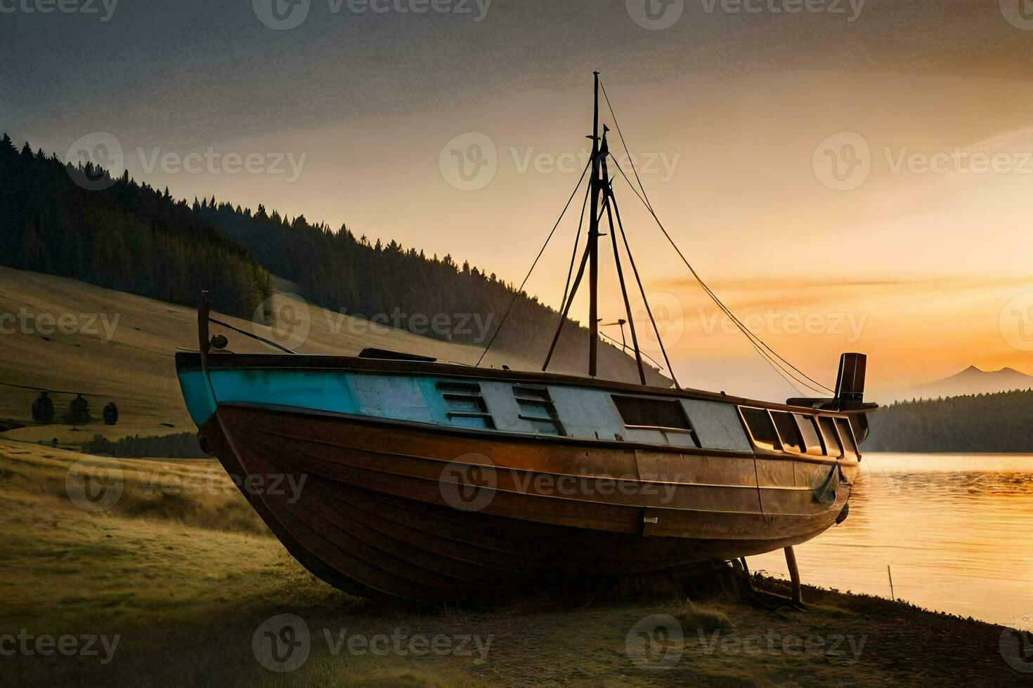 une bateau est assis sur le rive à le coucher du soleil. généré par ai photo