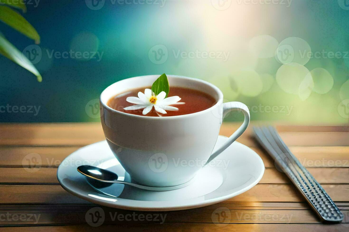 une tasse de thé avec une fleur sur le soucoupe. généré par ai photo