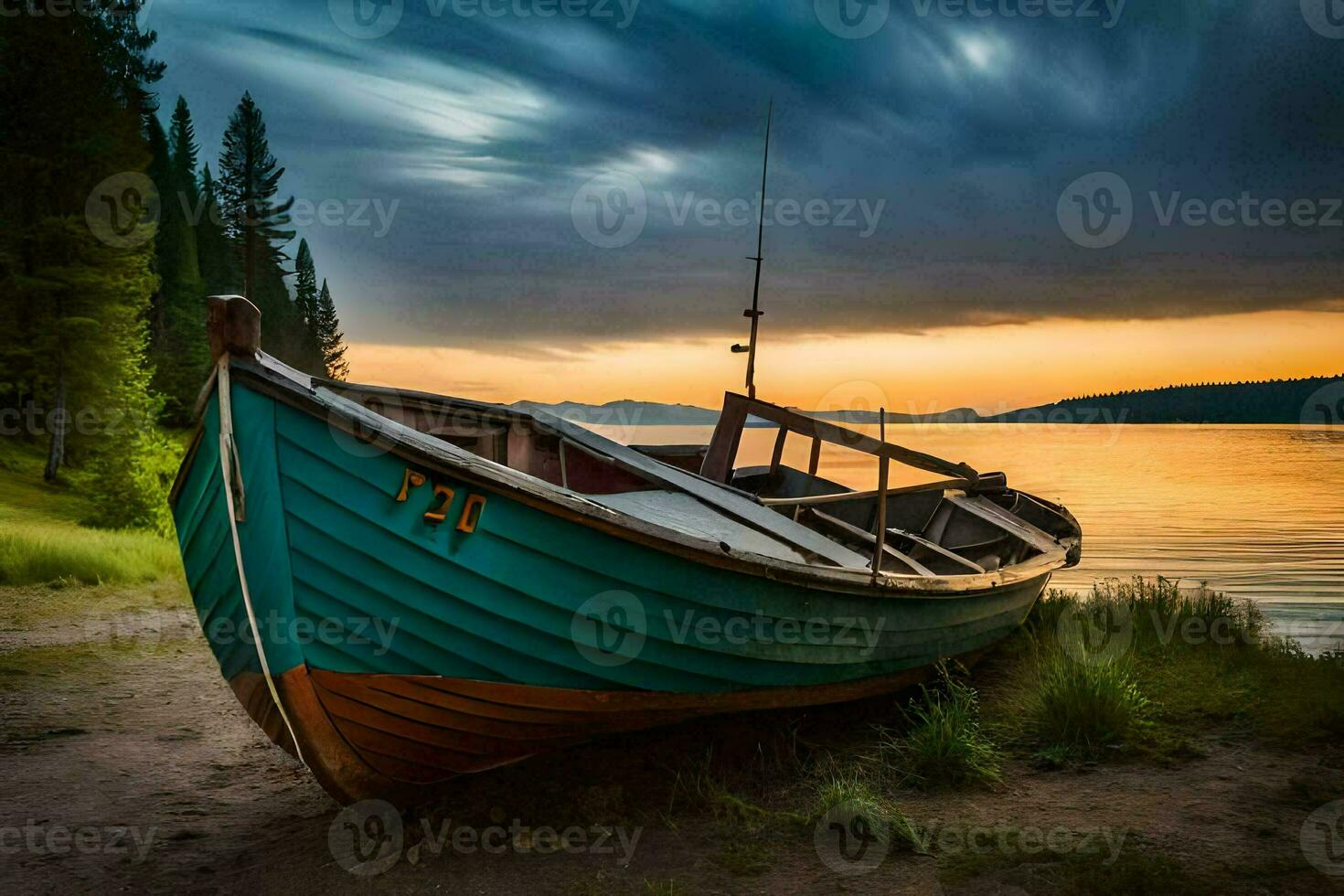 une bateau est assis sur le rive de une Lac à le coucher du soleil. généré par ai photo