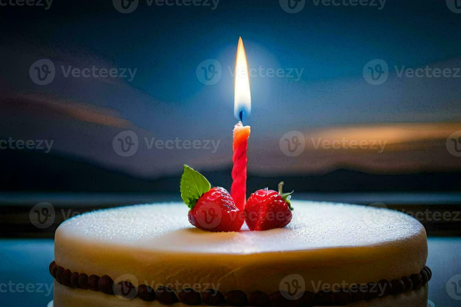 une anniversaire gâteau avec une Célibataire bougie sur Haut. généré par ai photo