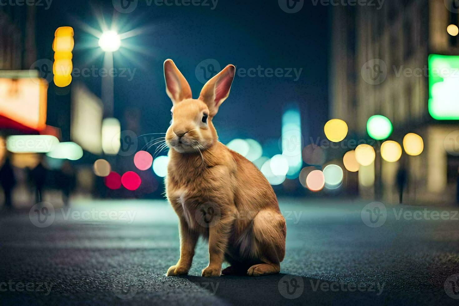 une lapin séance sur le rue à nuit. généré par ai photo