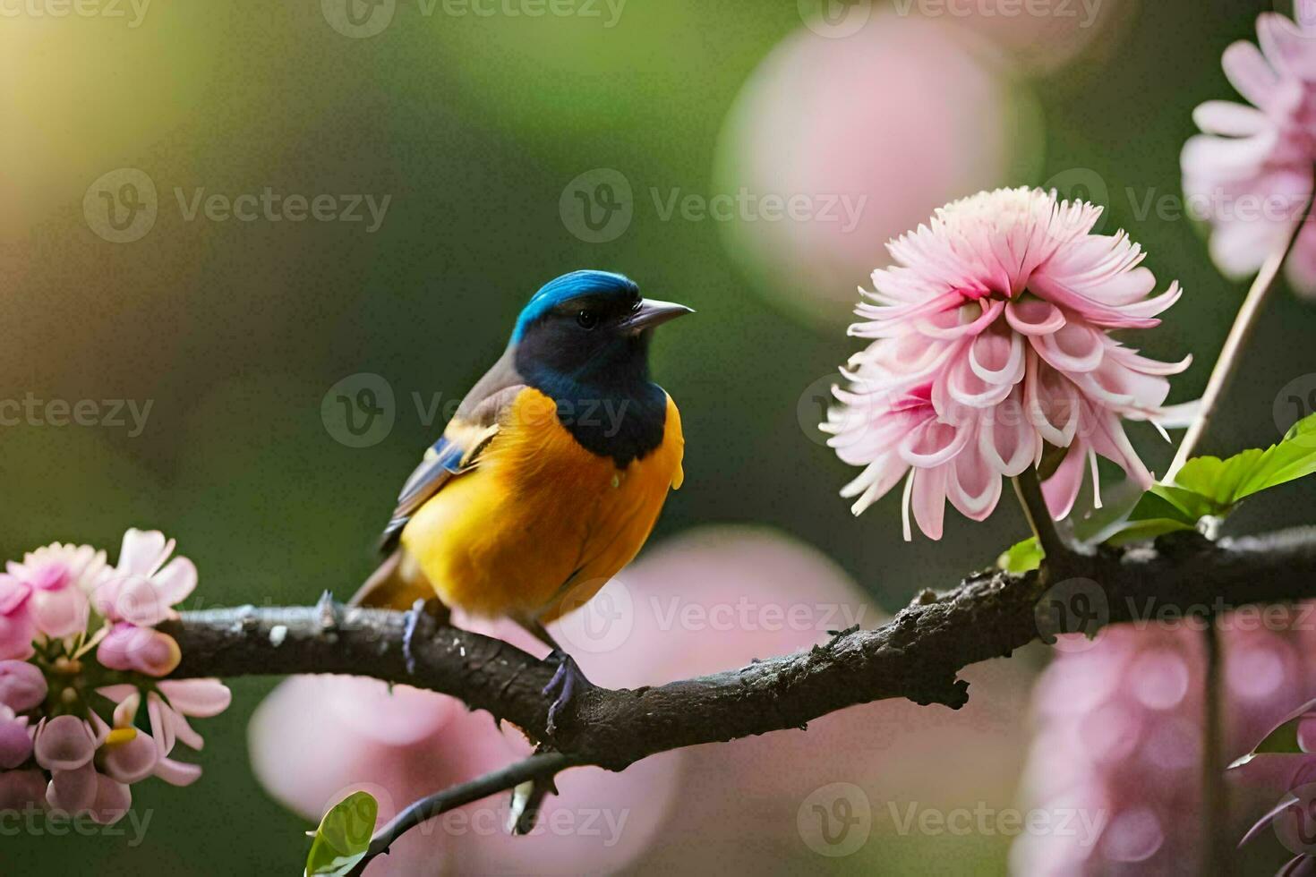 une oiseau est séance sur une branche avec rose fleurs. généré par ai photo